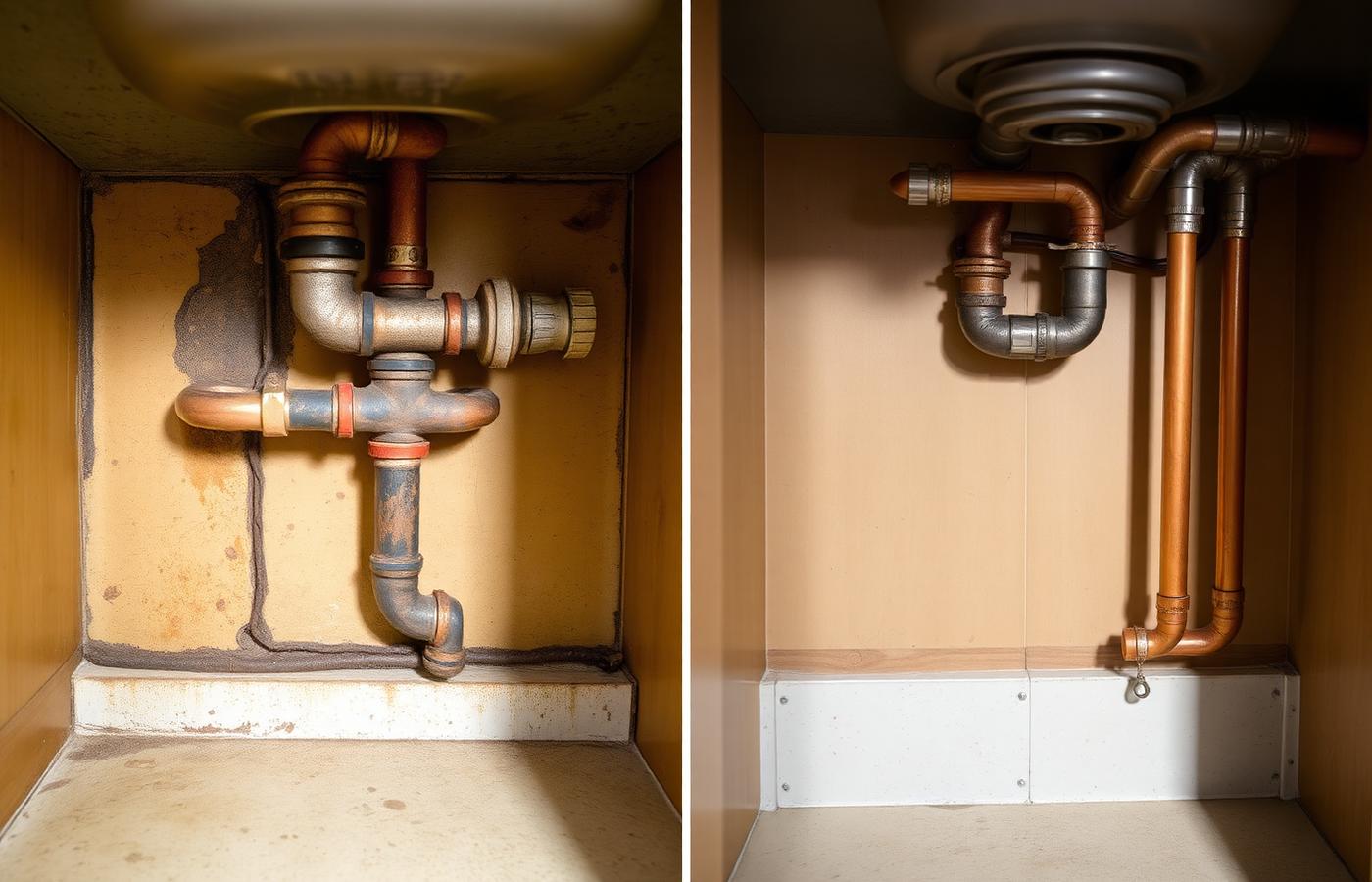 Before and after pipe replacement under a kitchen sink